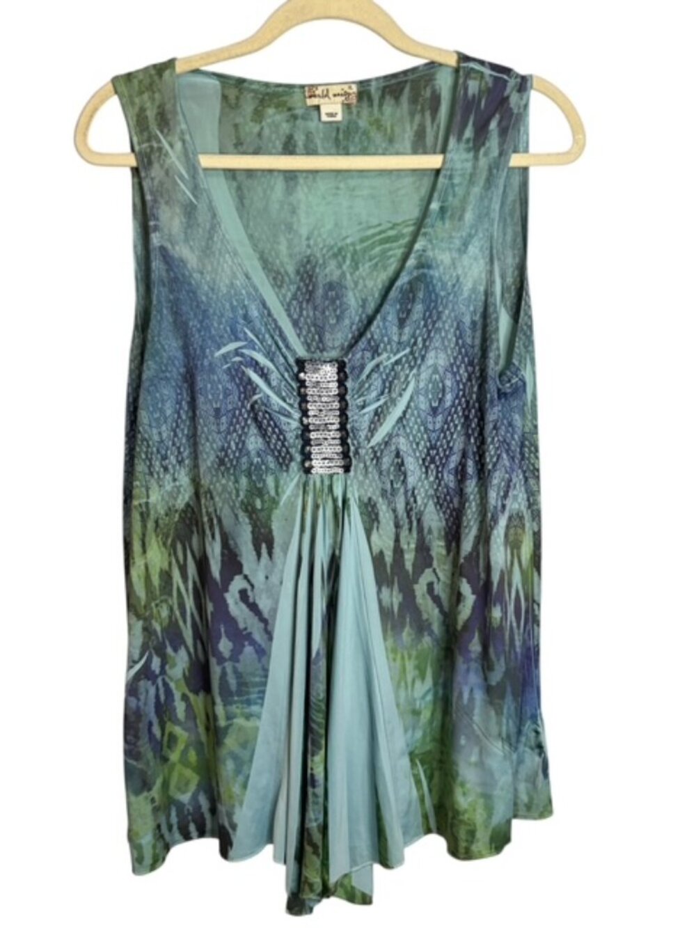 World Unity Blouse Women's XL Tank Top Sleeveless Boho Abstract Blue Green